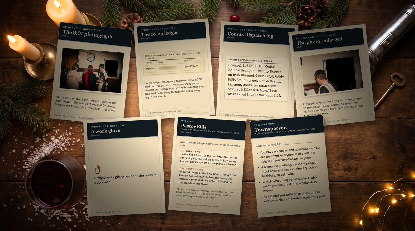 Evidence and witness cards, including the photo clues