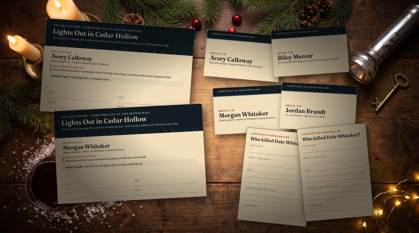 Invitations, name tags and accusation slips